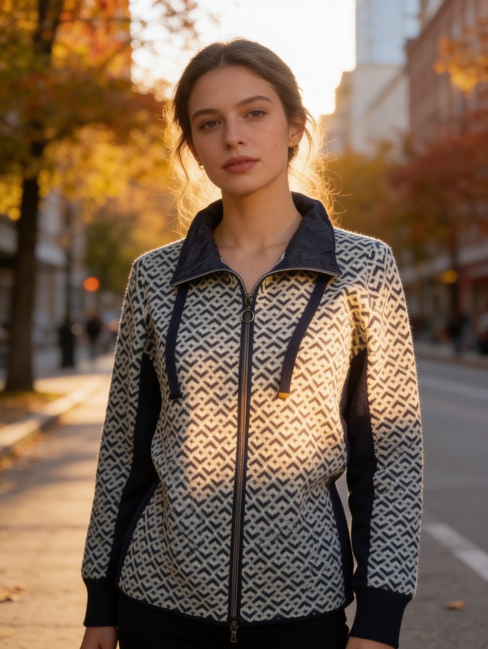 Olsen Eva Shaped Fit Sweater Jacket Zip Front Chevron Geometric Pattern Size M